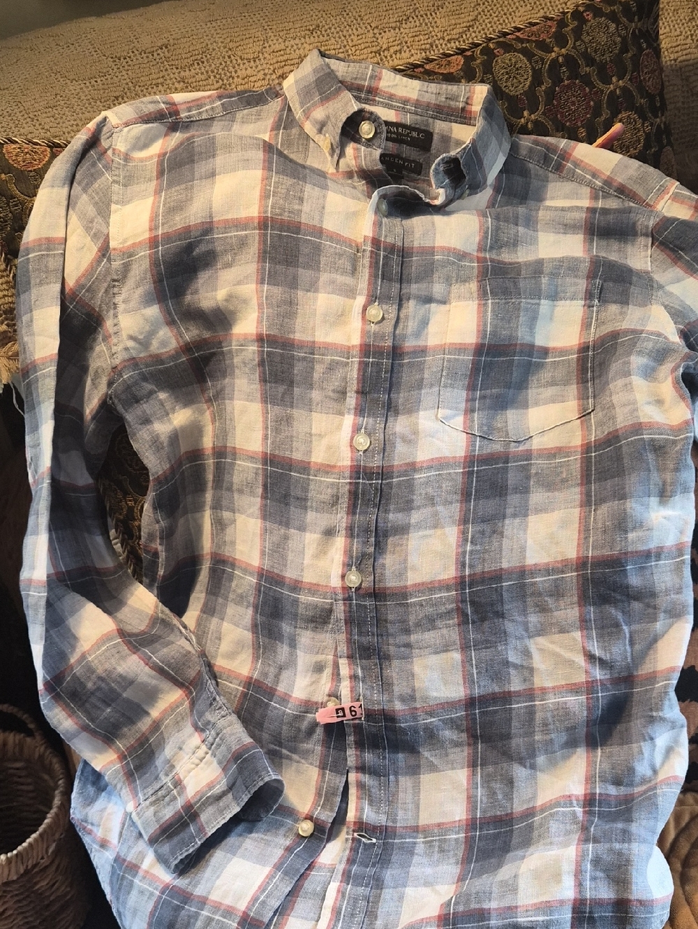 Banana Republic Blue and White Plaid Linen-Blend Button-Down Shirt
